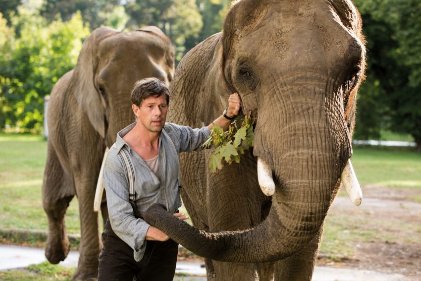 Filmstill aus DIE FRAU DES ZOODIREKTORS (2017), Johan Heldenbergh mit zwei Elefanten - © Universal Pictures Germany