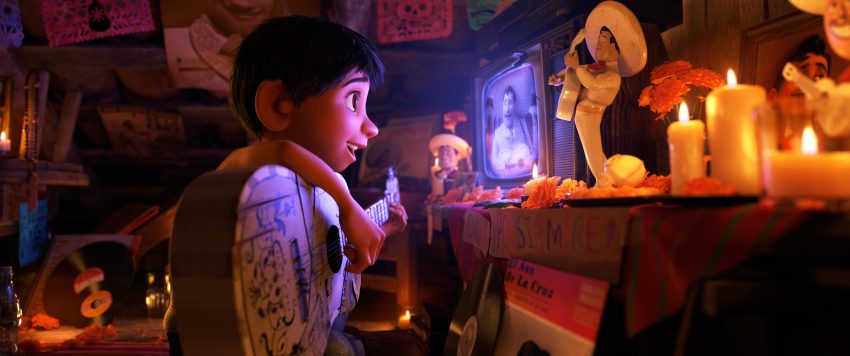 In Disney•Pixar’s “Coco,” Miguel (voice of newcomer Anthony Gonzalez), who struggles against his family’s generations-old ban on music, creates a secret space where he can play his guitar and soak up the on-screen talent of his idol, Ernesto de la Cruz (voice of Benjamin Bratt). Directed by Lee Unkrich (“Toy Story 3”), co-directed by Adrian Molina (story artist “Monsters University”) and produced by Darla K. Anderson (“Toy Story 3”), Disney•Pixar’s “Coco” opens in U.S. theaters on Nov. 22, 2017. ©2017 Disney•Pixar. All Rights Reserved.