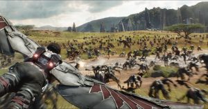 Marvel Studios' AVENGERS: INFINITY WAR..Falcon (Anthony Mackie) flying over Wakanda battlefield..Photo: Film Frame..©Marvel Studios 2018