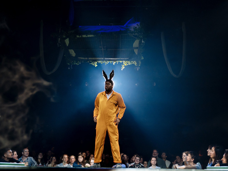 Szenenbild aus  A MIDSUMMER NIGHT'S DREAM im Bridge Theatre - Bottom (Hammed Animashaun) wird zu einem Esel verzaubert. - © Manuel Harlan