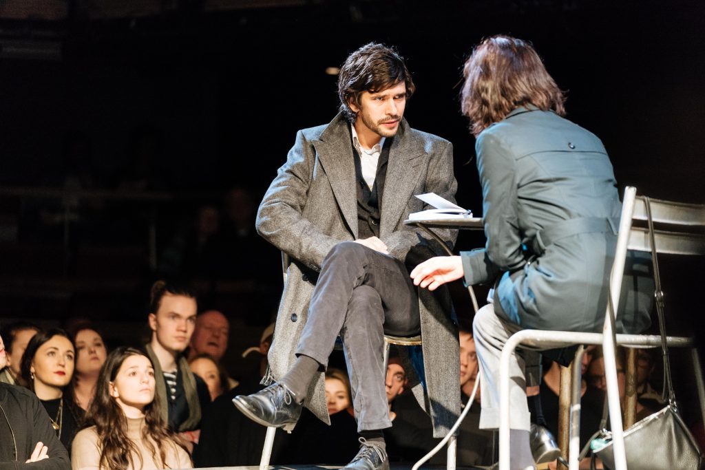 Ben Whishaw (Brutus) and Michelle Fairley (Cassius) - Julius Caesar at the Bridge Theatre - Photo credit Manuel Harlan