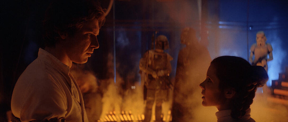 Szenenbild aus THE EMPIRE STRIKES BACK - Han (Harrison Ford) und Leia (Carrie Fisher) müssen sich trennen. - © 20th Century Fox