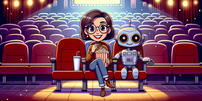 Bild erstellt von künstlicher Intelligenz von einer Frau und einem Roboter, die zusammen alleine im Kino sitzen.