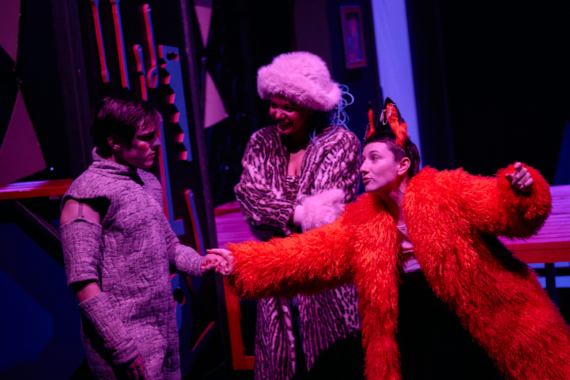 Szenenbild aus PINOCCHIO - Dschungel Wien - Pinocchio (Florian Klingler) wird von Katze (Jasmin Weissmann) und Fuchs (Lara Sienczak) hinter's Licht geführt. -  © Susanne Hassler-Smith